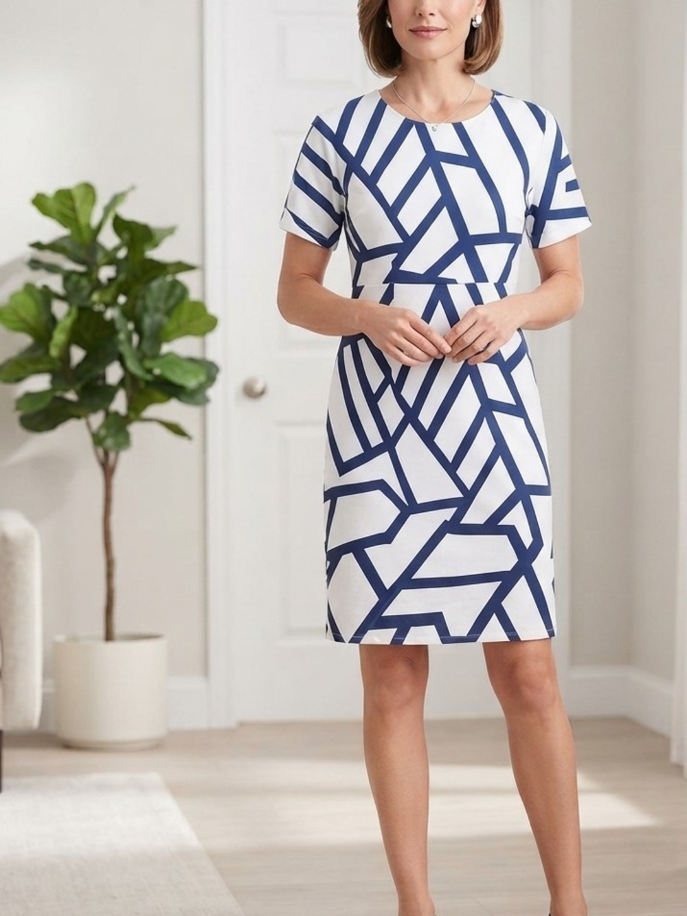 Geometric Print Short Sleeve Sheath Dress - Navy/White